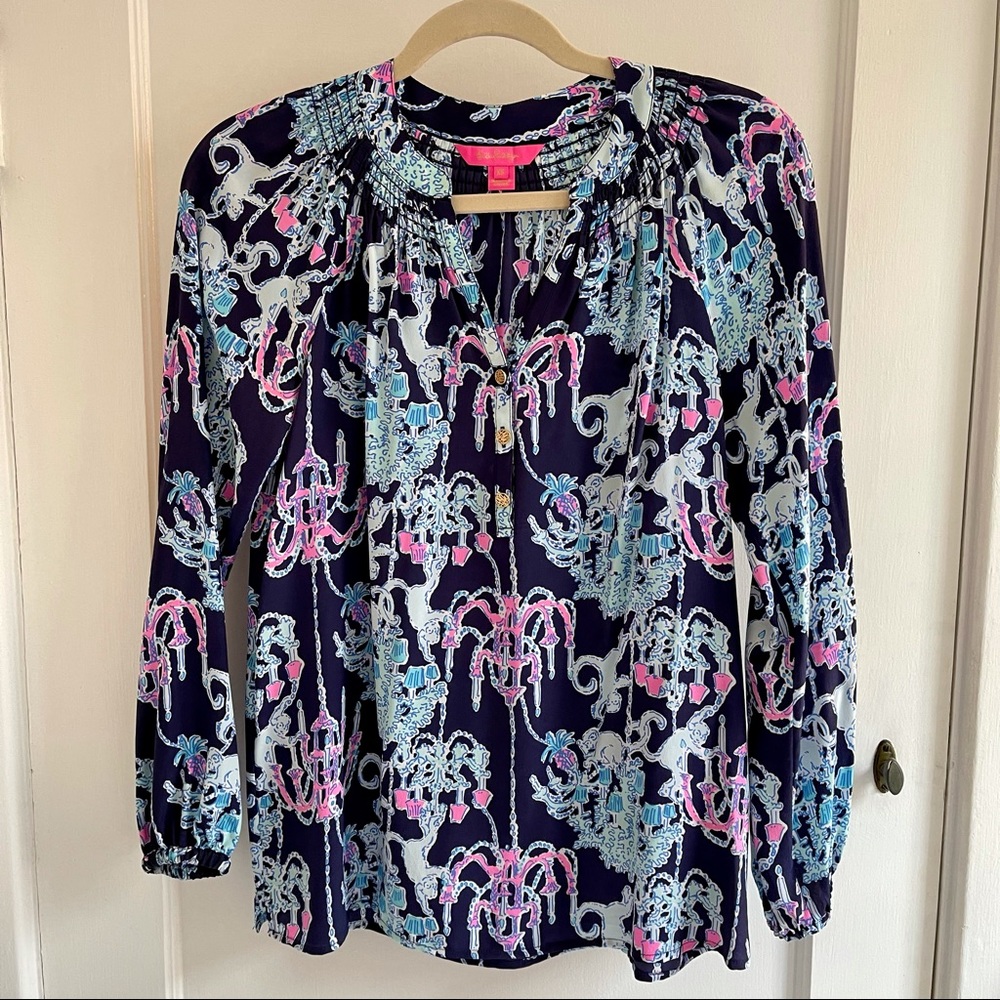 Lilly Pulitzer Navy Pink & Aqua Silk Elsa Top XS